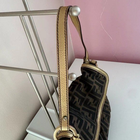 Fendi Chef Brown and Black Zucca Logo Shoulder Bag with Gold Charm